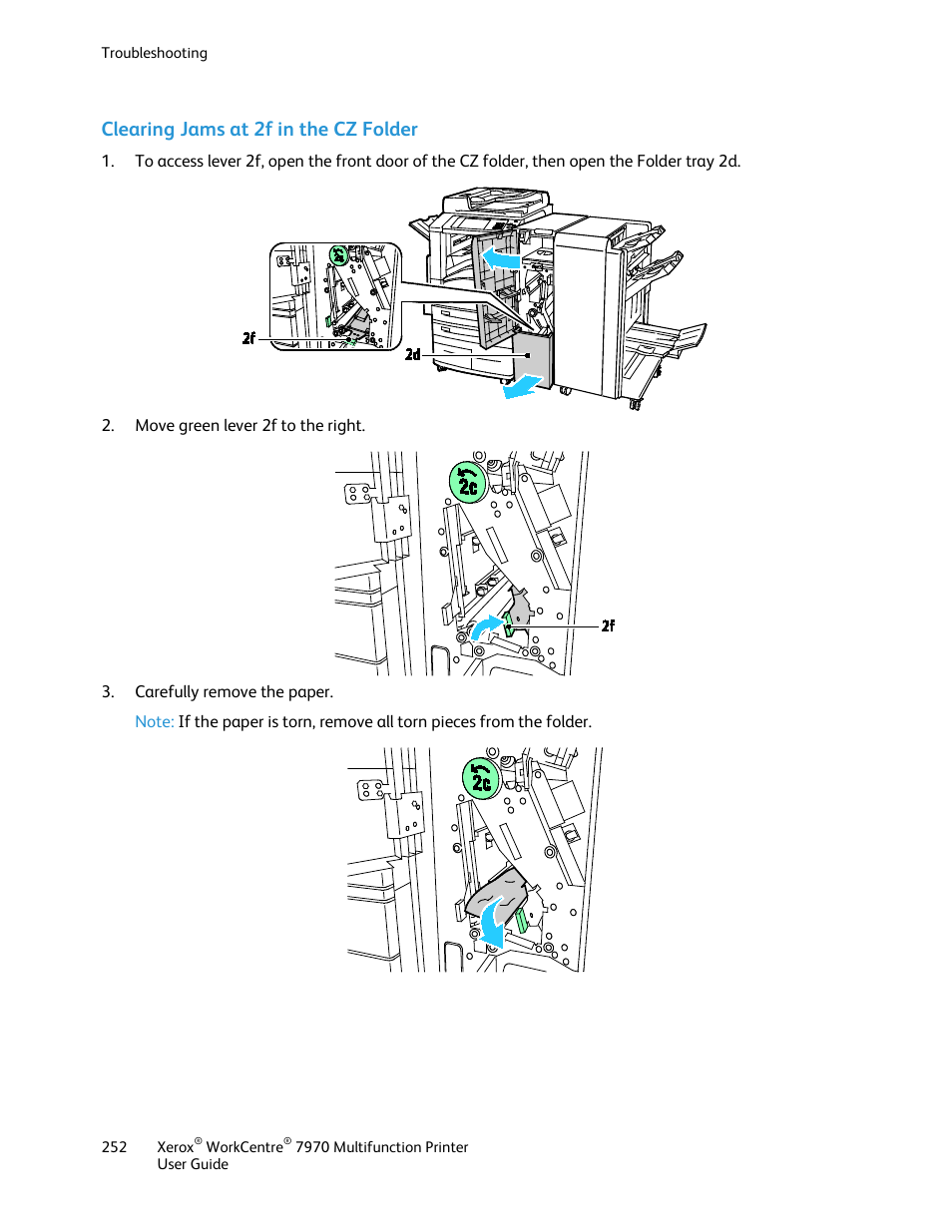 Clearing jams at 2f in the cz folder | Xerox WorkCentre 7970-3795 User Manual | Page 252 / 316