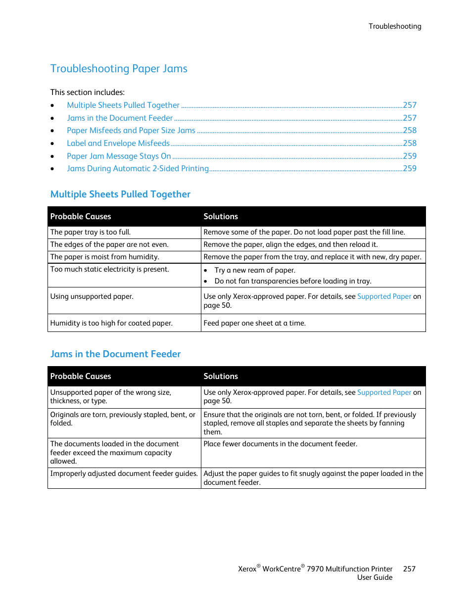 Troubleshooting paper jams, Multiple sheets pulled together, Jams in the document feeder | Xerox WorkCentre 7970-3795 User Manual | Page 257 / 316