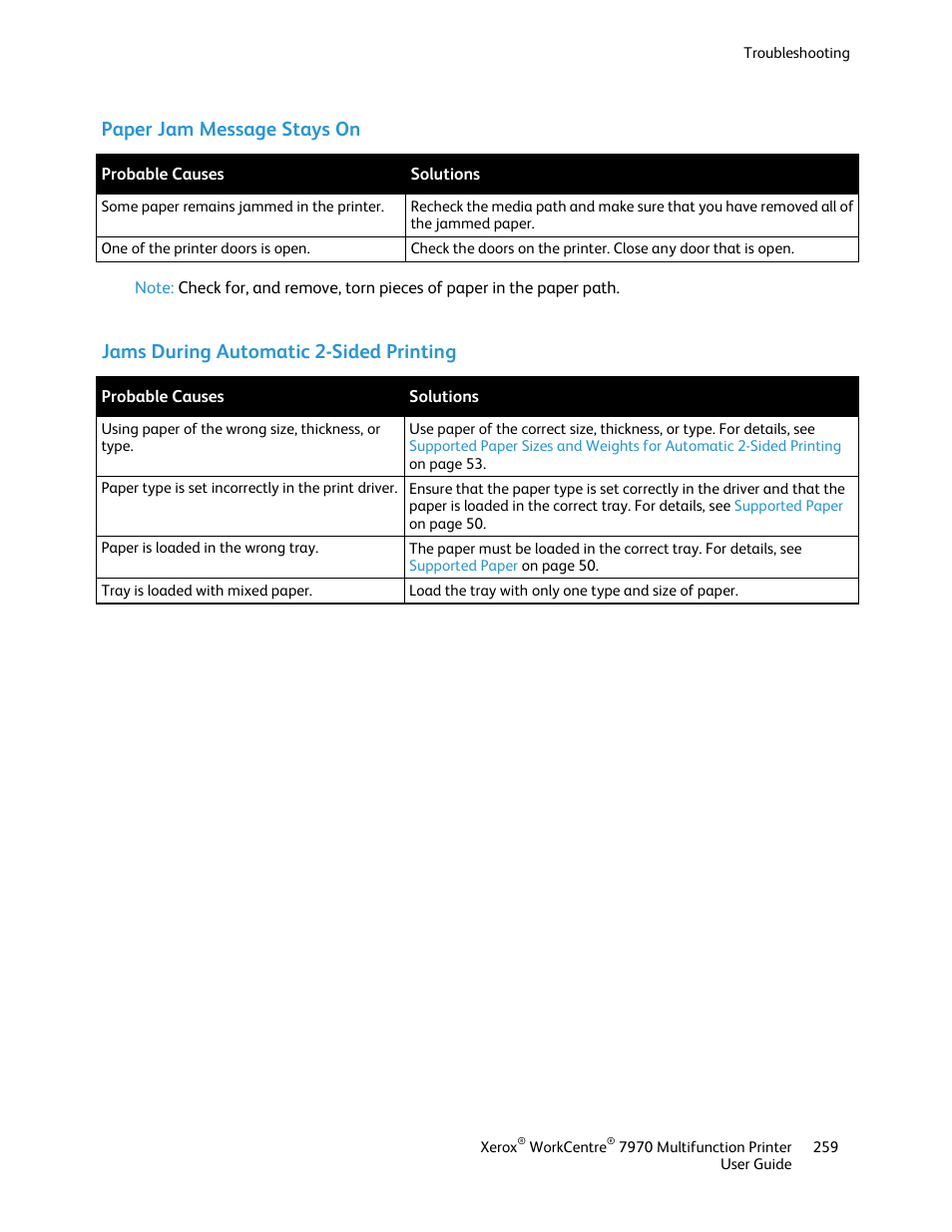 Paper jam message stays on, Jams during automatic 2-sided printing | Xerox WorkCentre 7970-3795 User Manual | Page 259 / 316