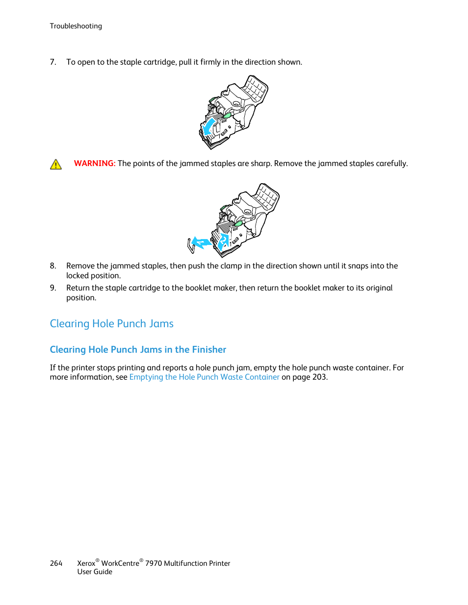 Clearing hole punch jams, Clearing hole punch jams in the finisher | Xerox WorkCentre 7970-3795 User Manual | Page 264 / 316