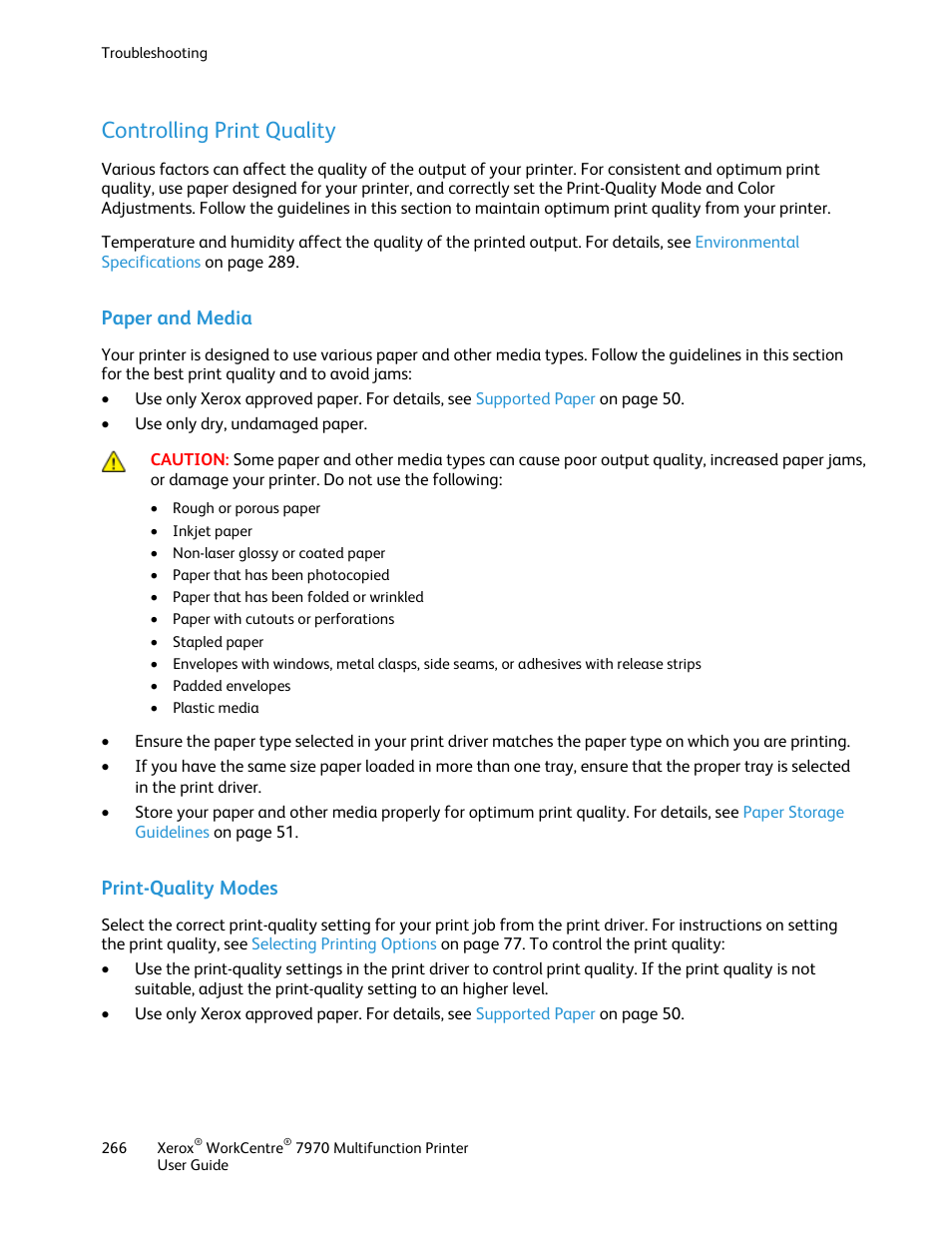 Controlling print quality, Paper and media, Print-quality modes | Xerox WorkCentre 7970-3795 User Manual | Page 266 / 316