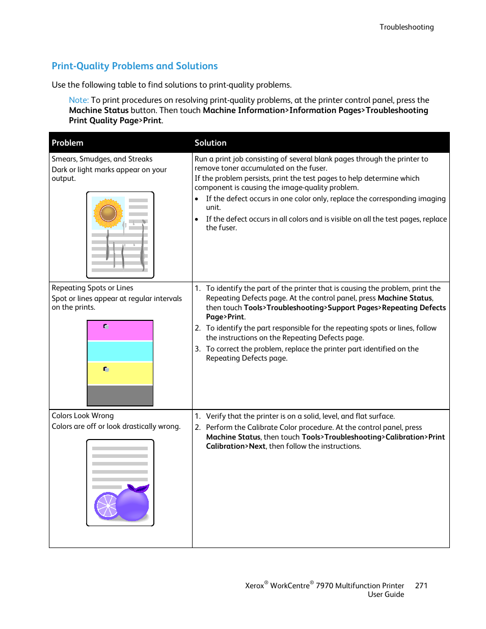 Print-quality problems and solutions | Xerox WorkCentre 7970-3795 User Manual | Page 271 / 316