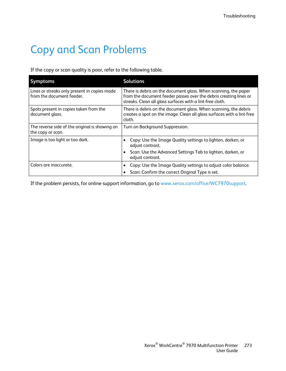 Copy and scan problems | Xerox WorkCentre 7970-3795 User Manual | Page 273 / 316