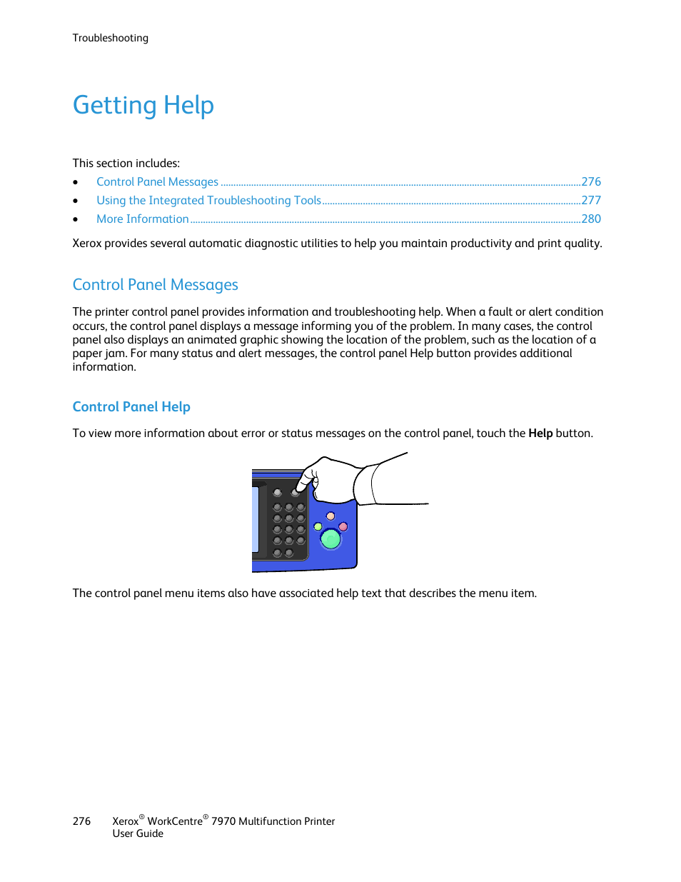 Getting help, Control panel messages, Control panel help | Xerox WorkCentre 7970-3795 User Manual | Page 276 / 316