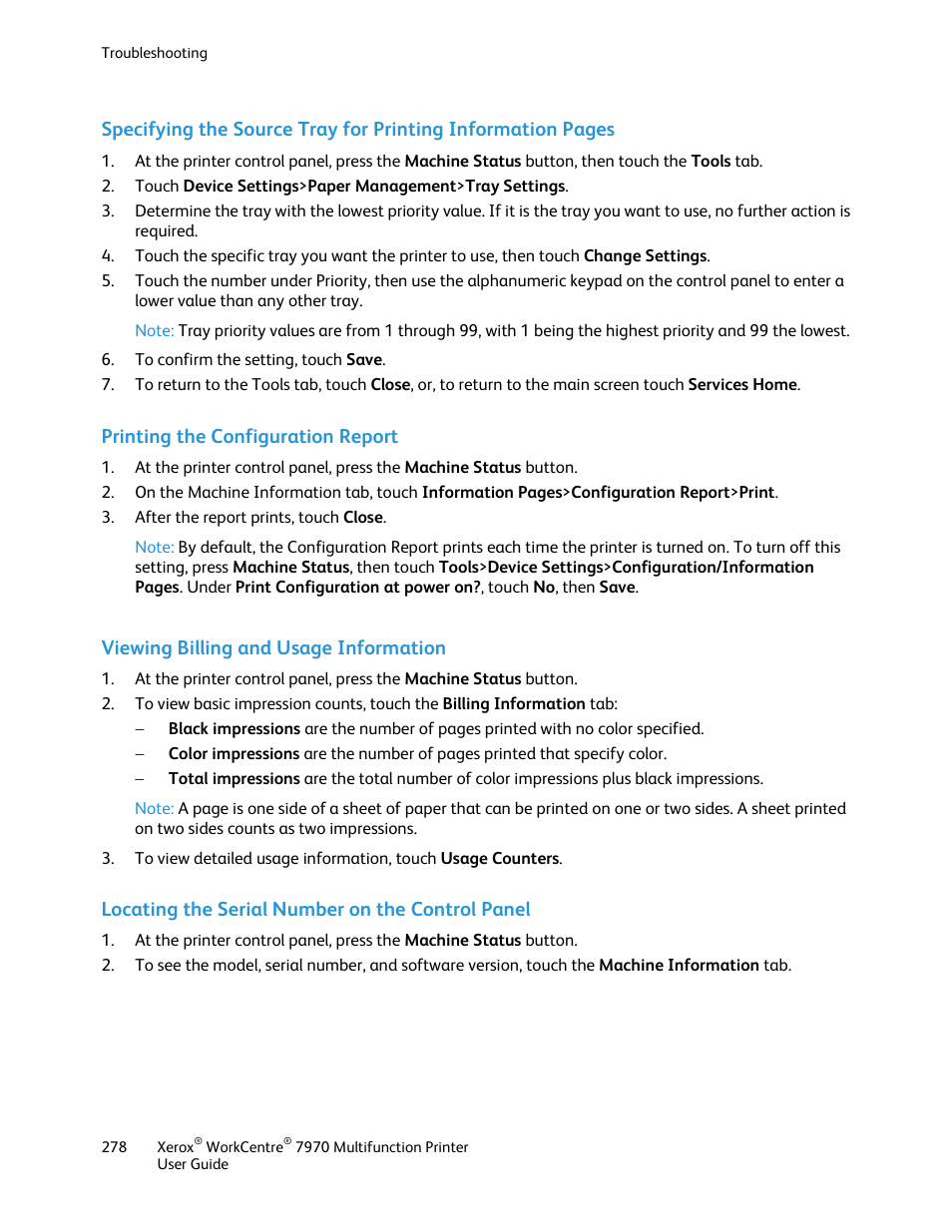 Printing the configuration report, Viewing billing and usage information, Locating the serial number on the control panel | Xerox WorkCentre 7970-3795 User Manual | Page 278 / 316