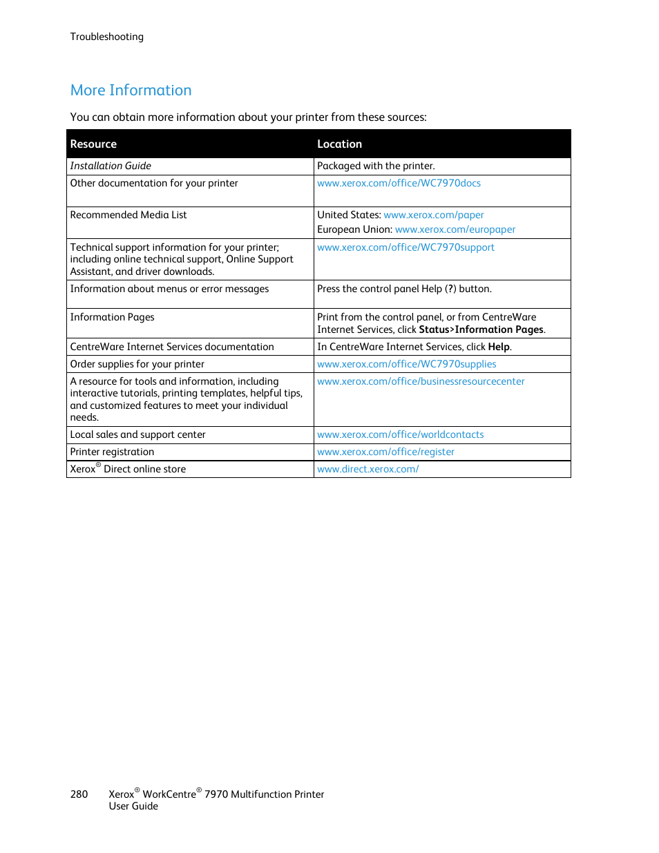 More information | Xerox WorkCentre 7970-3795 User Manual | Page 280 / 316