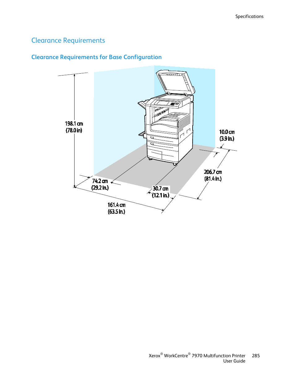 Clearance requirements, Clearance requirements for base configuration | Xerox WorkCentre 7970-3795 User Manual | Page 285 / 316