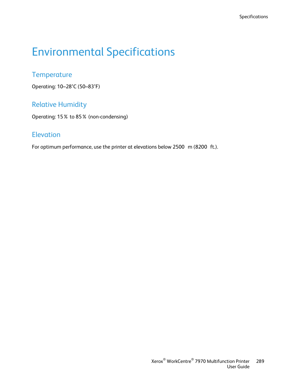 Environmental specifications, Temperature, Relative humidity | Elevation | Xerox WorkCentre 7970-3795 User Manual | Page 289 / 316