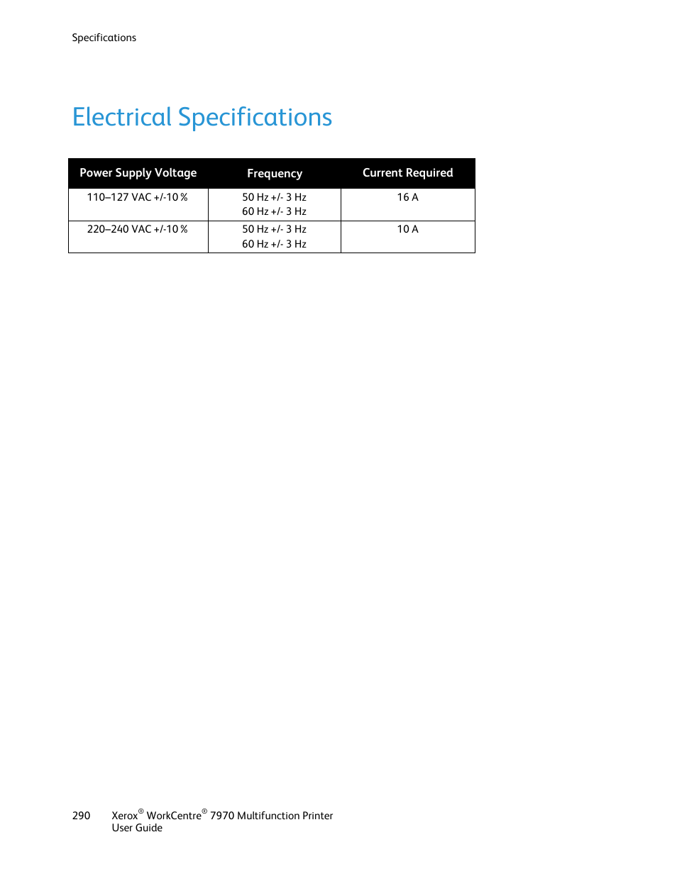 Electrical specifications | Xerox WorkCentre 7970-3795 User Manual | Page 290 / 316