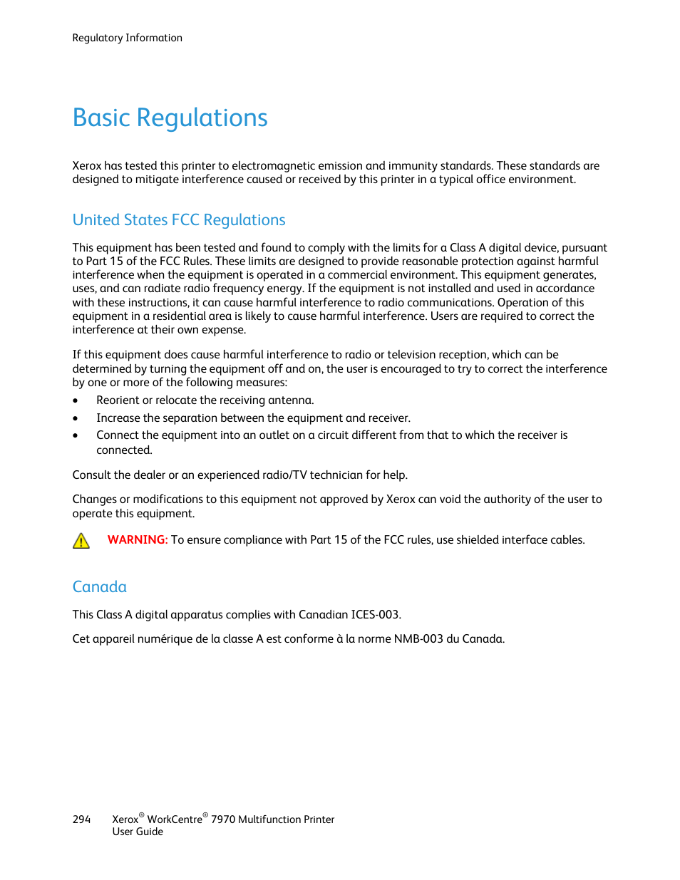 Basic regulations, United states fcc regulations, Canada | Xerox WorkCentre 7970-3795 User Manual | Page 294 / 316