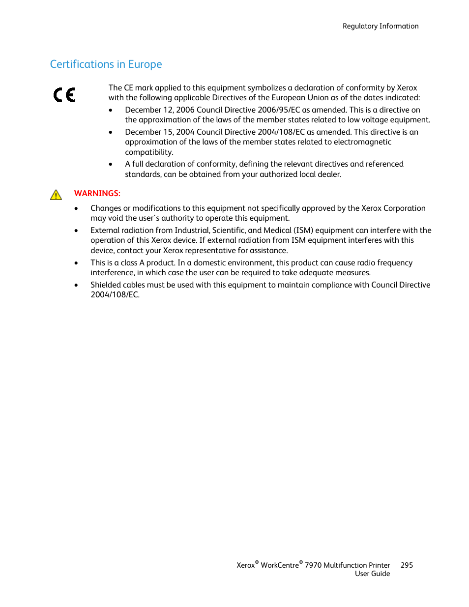 Certifications in europe | Xerox WorkCentre 7970-3795 User Manual | Page 295 / 316