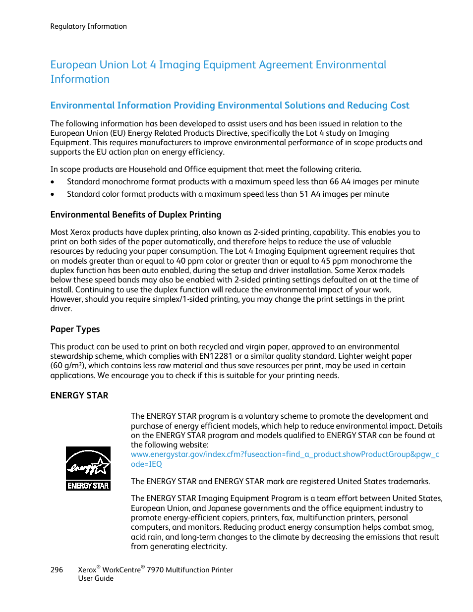 Environmental benefits of duplex printing, Paper types, Energy star | Xerox WorkCentre 7970-3795 User Manual | Page 296 / 316