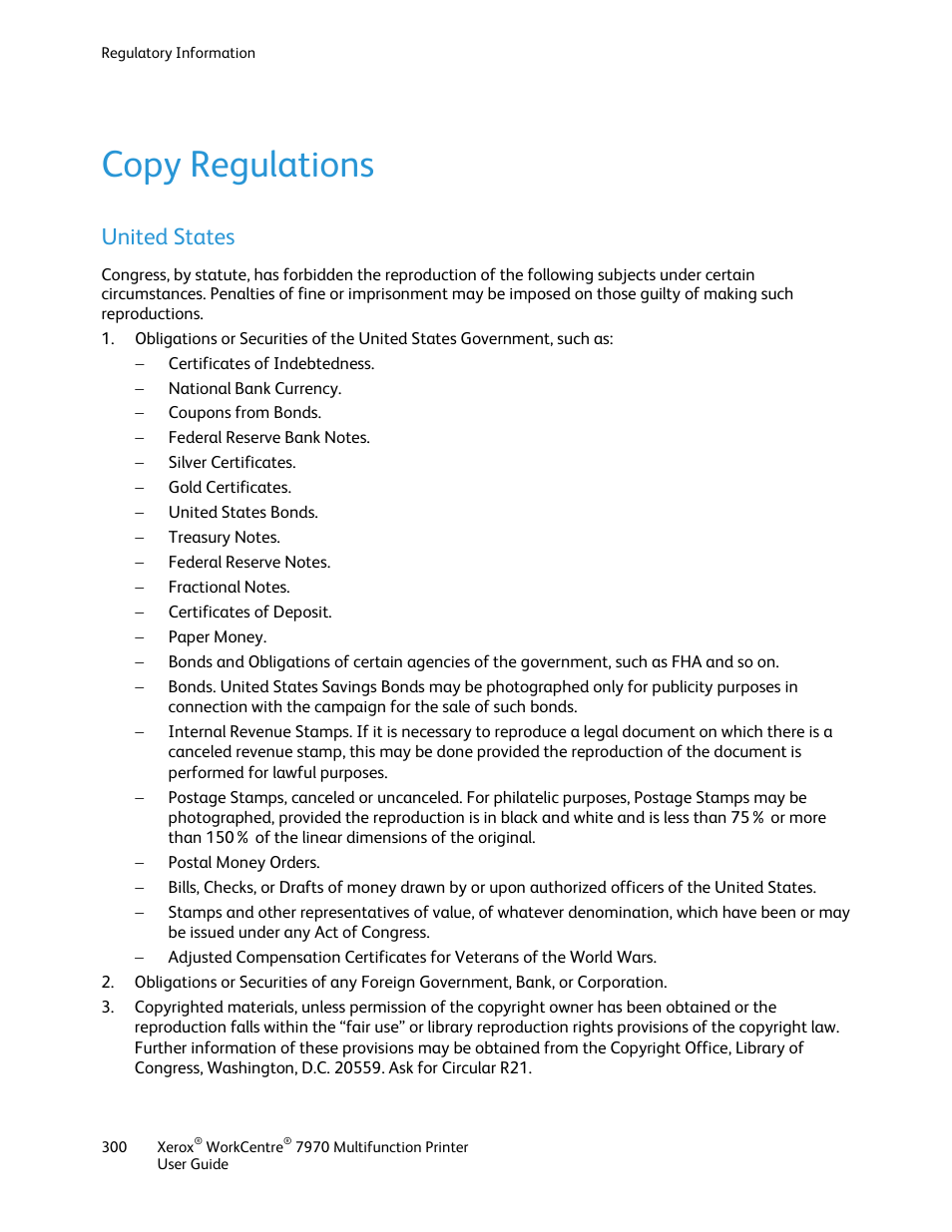 Copy regulations, United states | Xerox WorkCentre 7970-3795 User Manual | Page 300 / 316