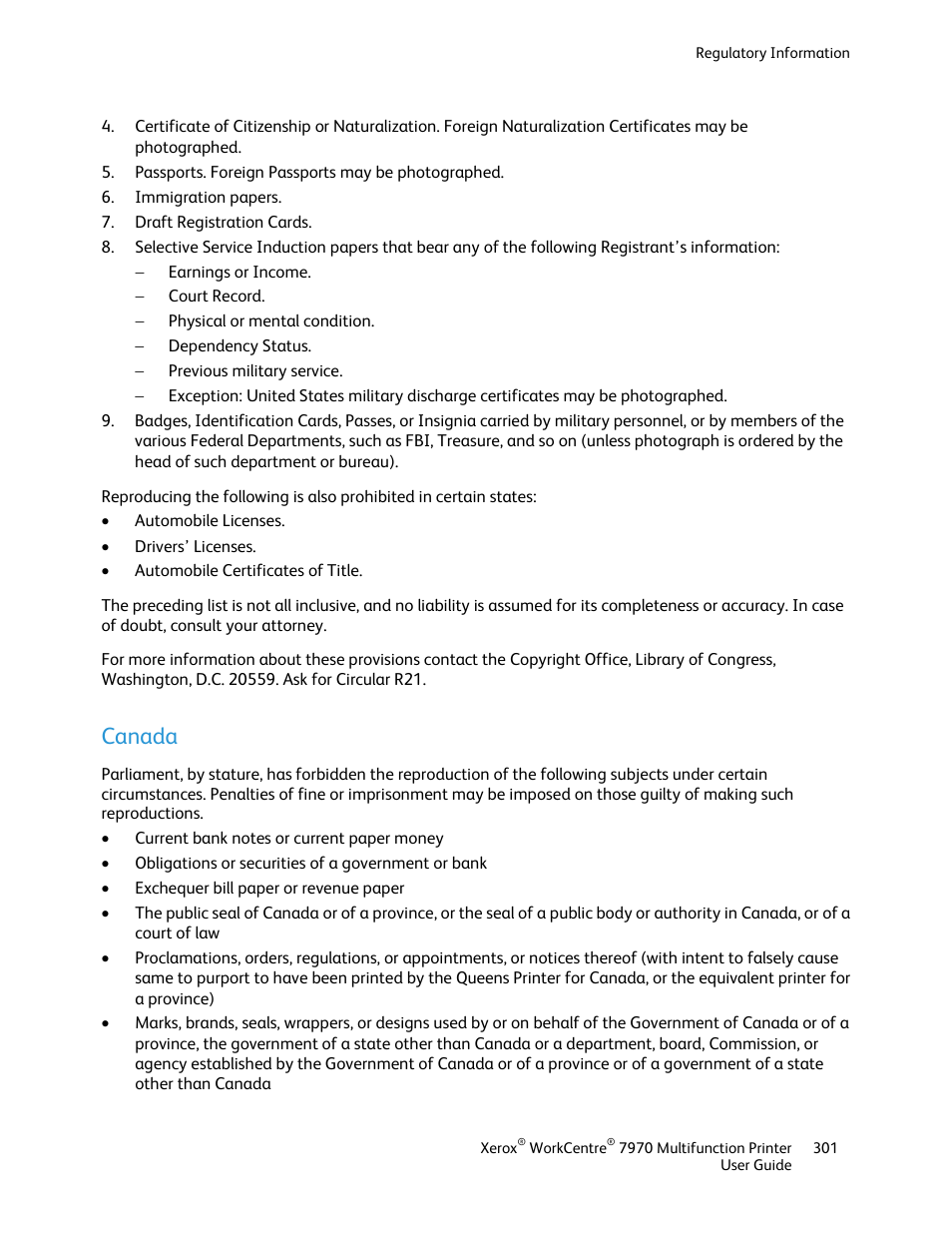 Canada | Xerox WorkCentre 7970-3795 User Manual | Page 301 / 316