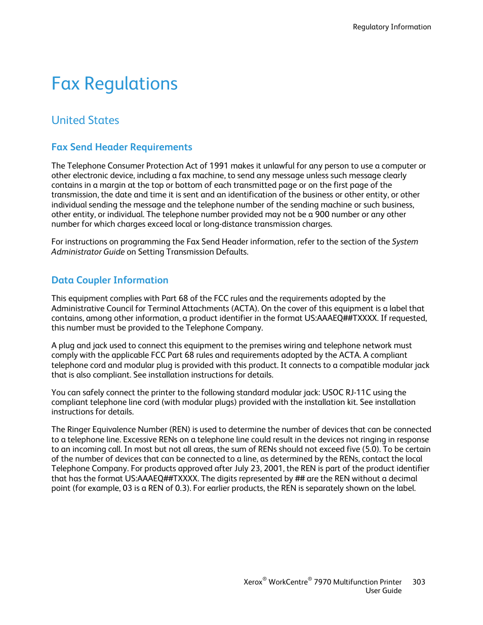 Fax regulations, United states, Fax send header requirements | Data coupler information | Xerox WorkCentre 7970-3795 User Manual | Page 303 / 316