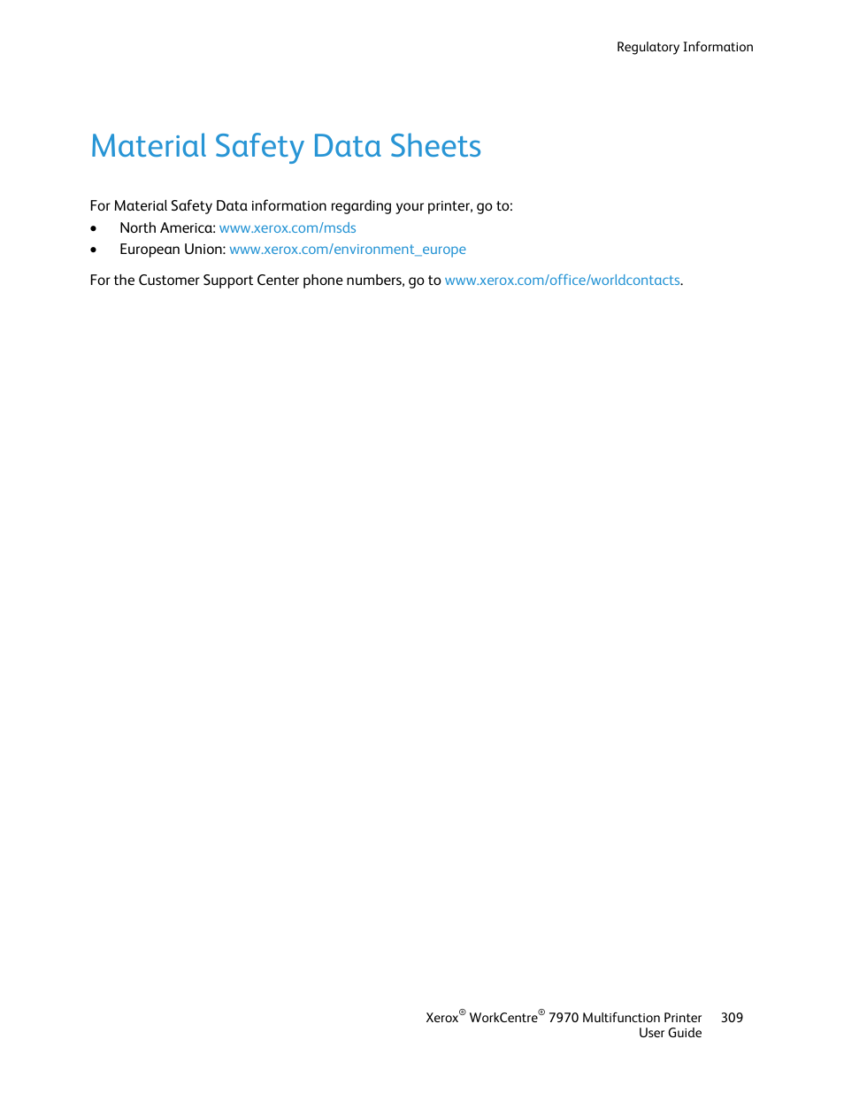 Material safety data sheets | Xerox WorkCentre 7970-3795 User Manual | Page 309 / 316