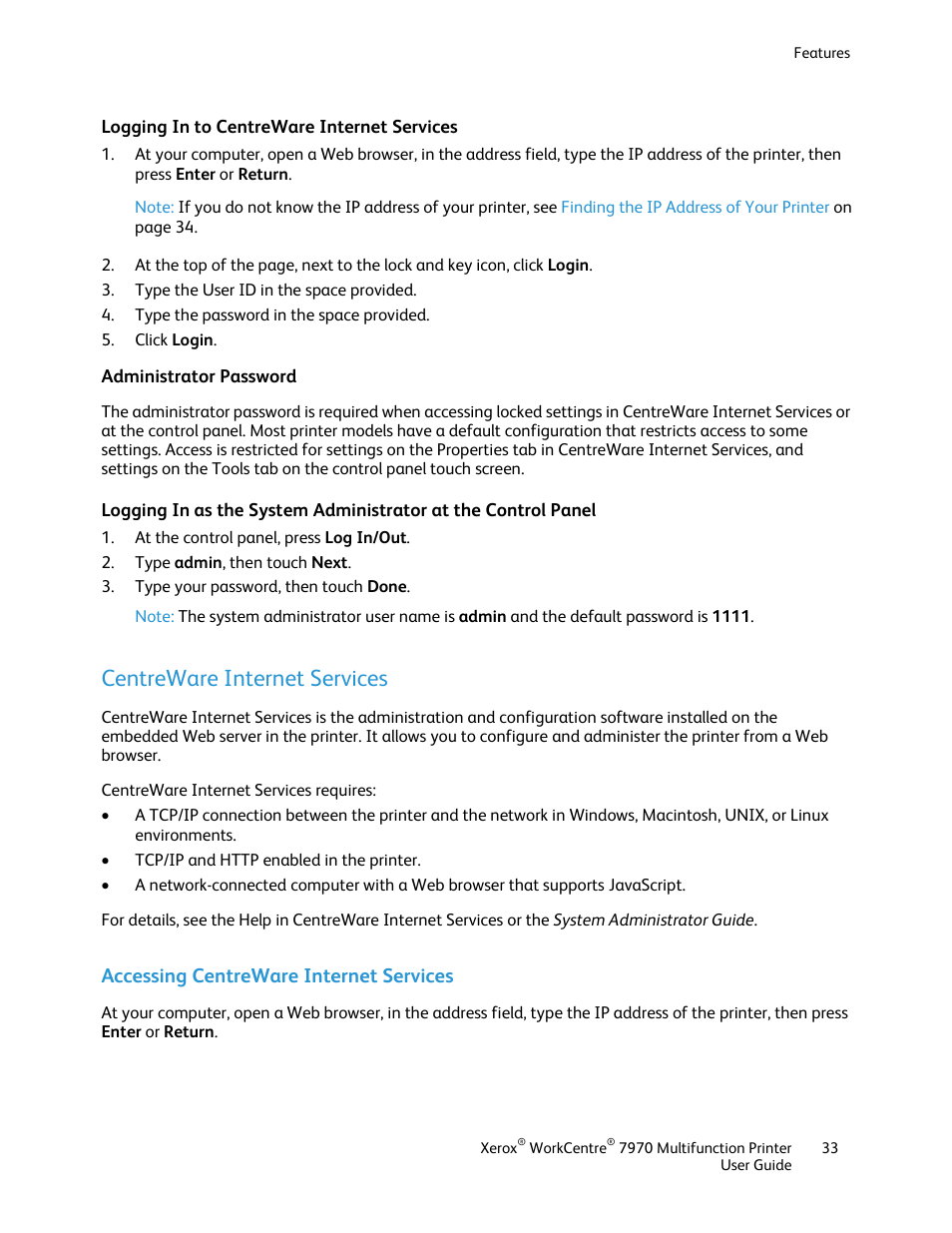 Logging in to centreware internet services, Administrator password, Centreware internet services | Accessing centreware internet services | Xerox WorkCentre 7970-3795 User Manual | Page 33 / 316