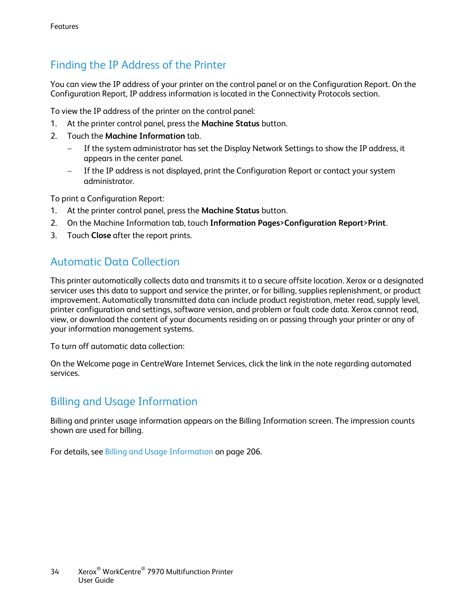 Finding the ip address of the printer, Automatic data collection, Billing and usage information | Xerox WorkCentre 7970-3795 User Manual | Page 34 / 316