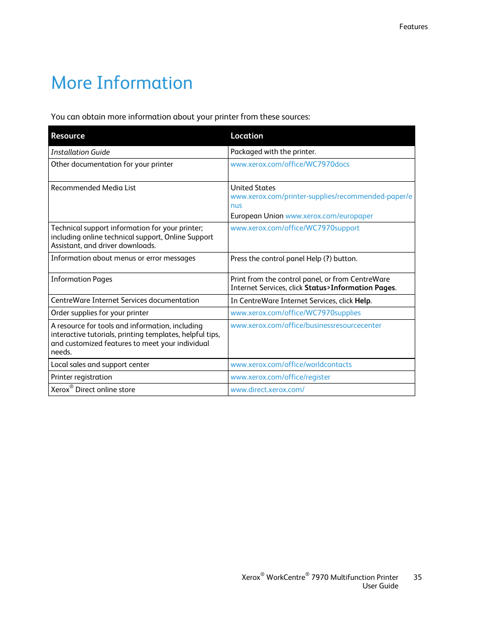 More information | Xerox WorkCentre 7970-3795 User Manual | Page 35 / 316