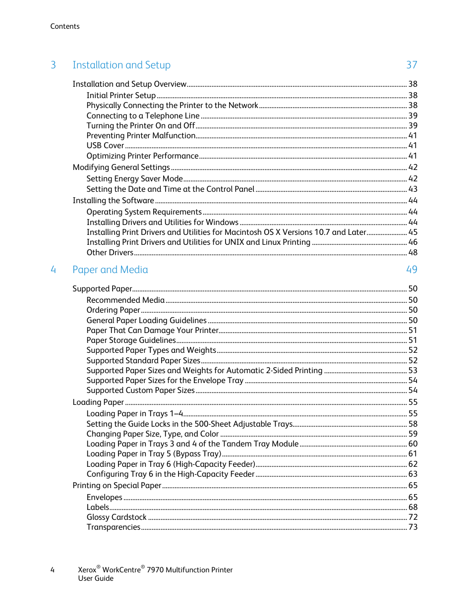 3 installation and setup 37, 4 paper and media 49 | Xerox WorkCentre 7970-3795 User Manual | Page 4 / 316