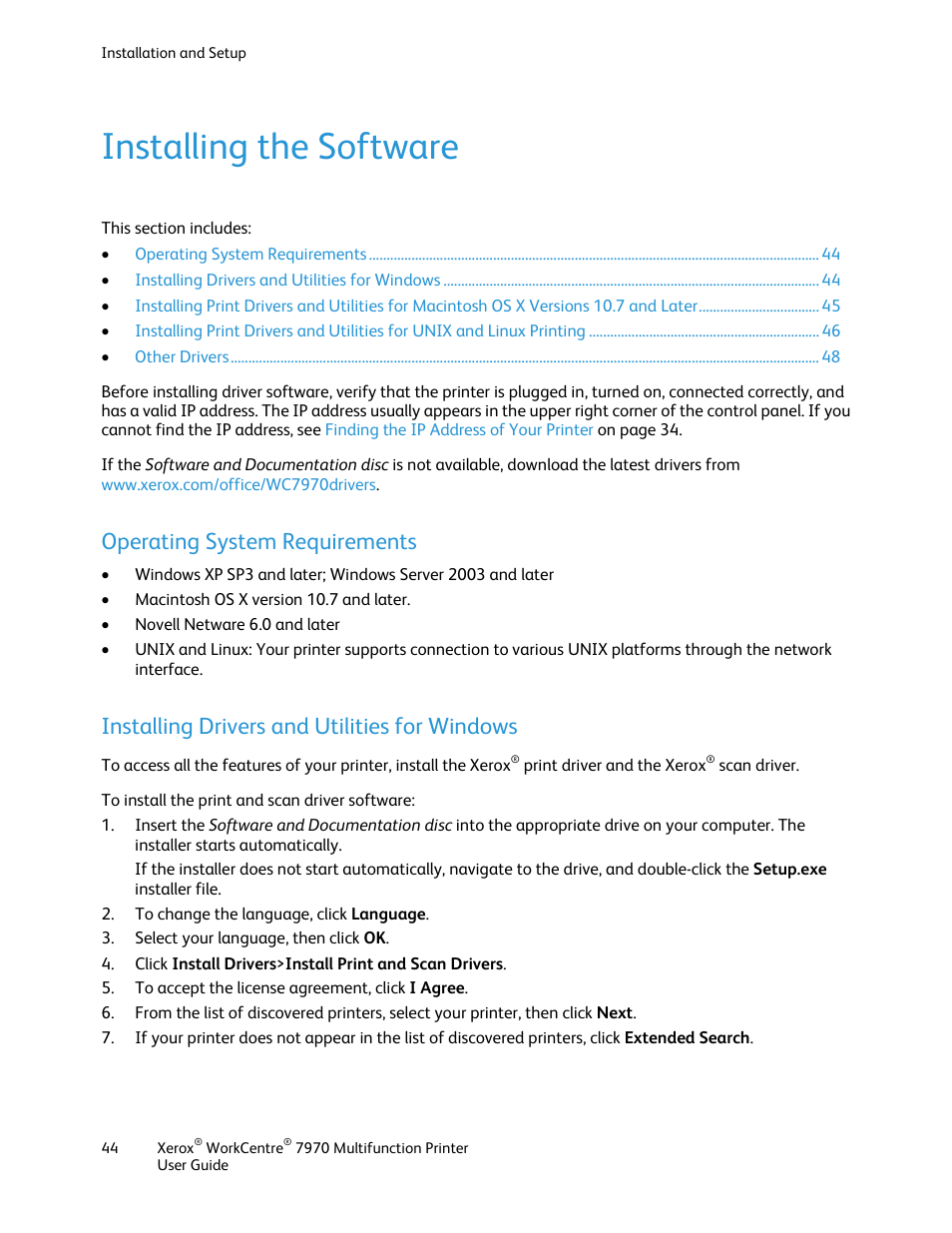 Installing the software, Operating system requirements, Installing drivers and utilities for windows | Xerox WorkCentre 7970-3795 User Manual | Page 44 / 316