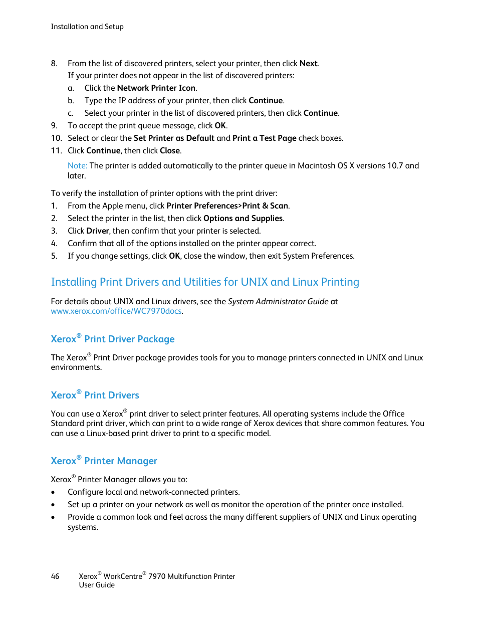 Xerox® print driver package, Xerox® print drivers, Xerox® printer manager | Xerox, Print driver package, Print drivers, Printer manager | Xerox WorkCentre 7970-3795 User Manual | Page 46 / 316