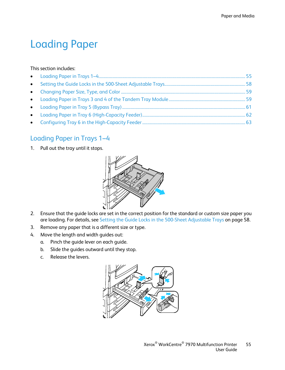 Loading paper, Loading paper in trays 1–4 | Xerox WorkCentre 7970-3795 User Manual | Page 55 / 316