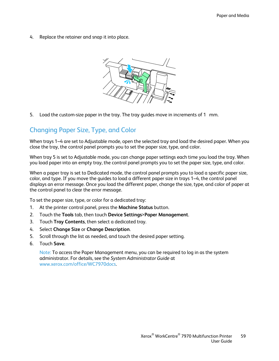 Changing paper size, type, and color | Xerox WorkCentre 7970-3795 User Manual | Page 59 / 316