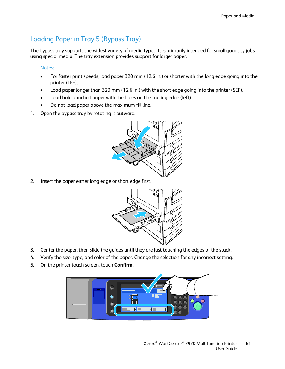 Loading paper in tray 5 (bypass tray) | Xerox WorkCentre 7970-3795 User Manual | Page 61 / 316