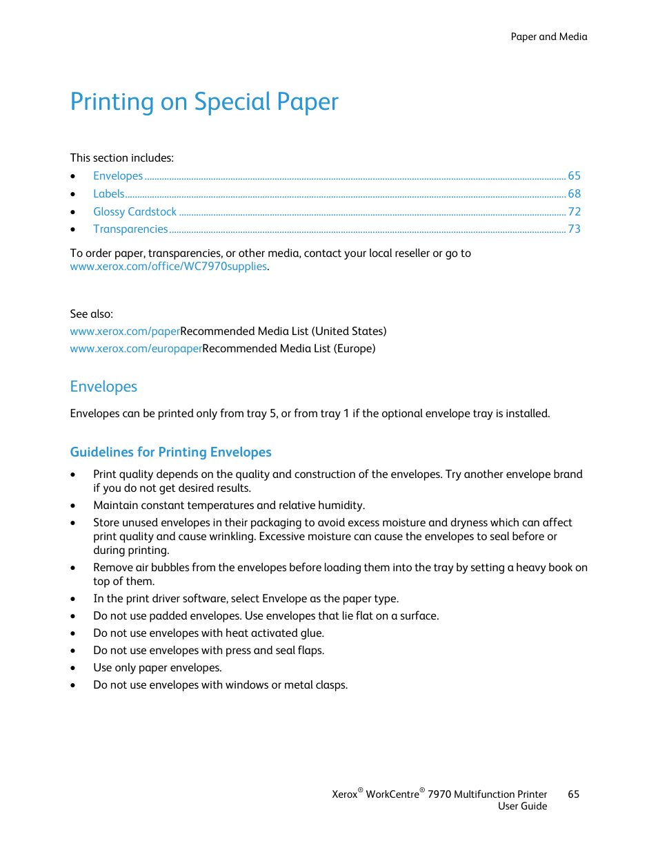 Printing on special paper, Envelopes, Guidelines for printing envelopes | Xerox WorkCentre 7970-3795 User Manual | Page 65 / 316