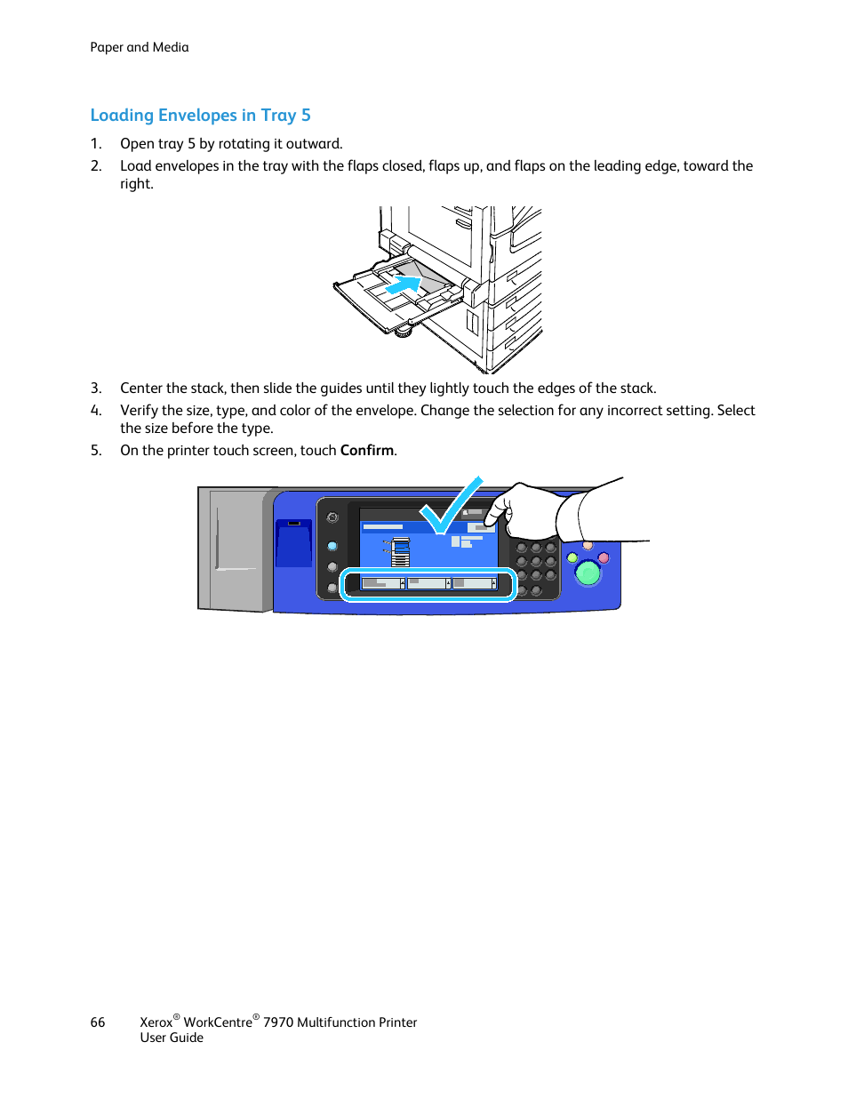 Loading envelopes in tray 5 | Xerox WorkCentre 7970-3795 User Manual | Page 66 / 316