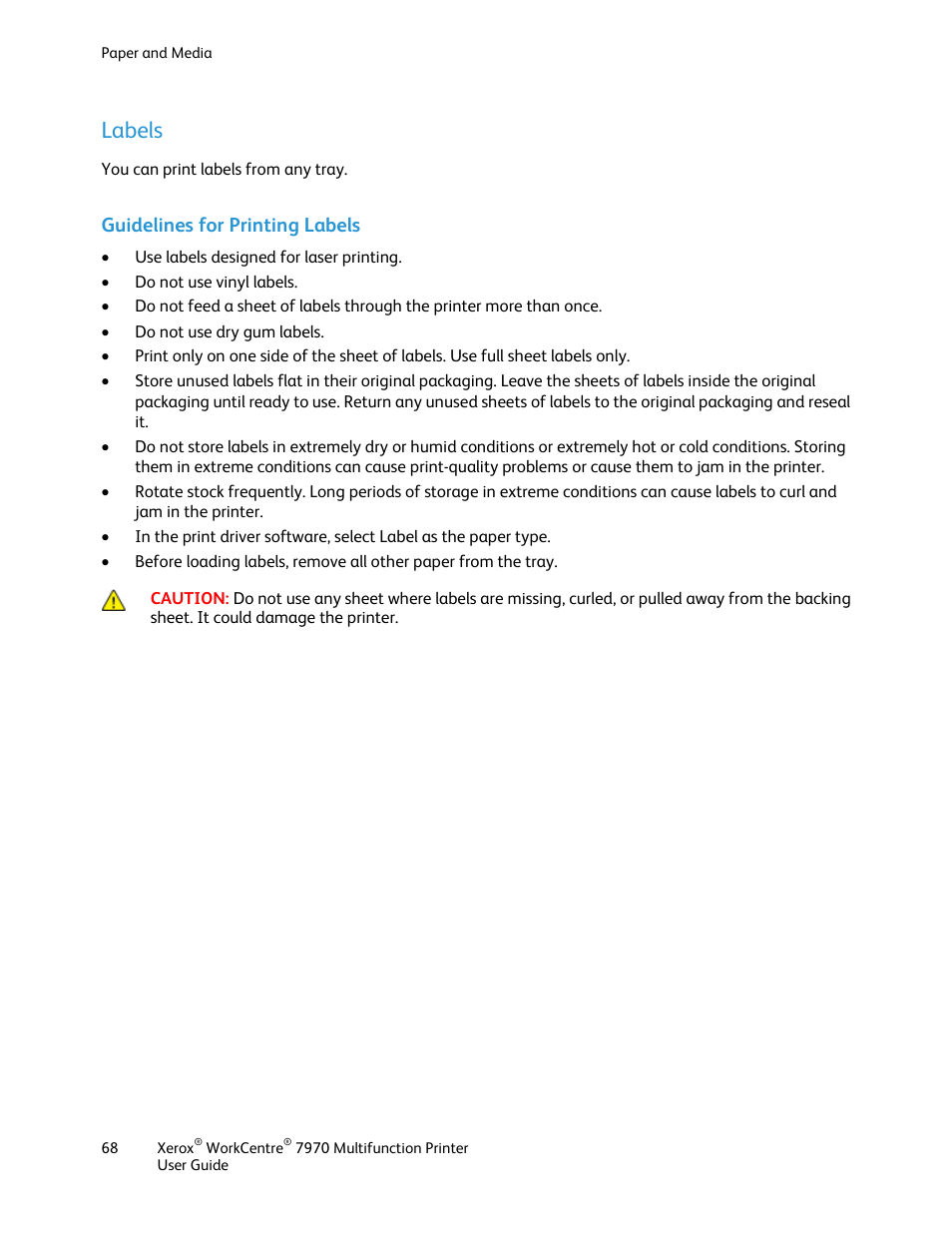 Labels, Guidelines for printing labels | Xerox WorkCentre 7970-3795 User Manual | Page 68 / 316