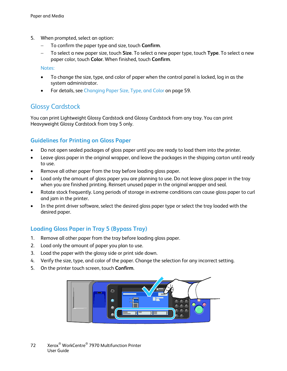 Glossy cardstock, Guidelines for printing on gloss paper, Loading gloss paper in tray 5 (bypass tray) | Xerox WorkCentre 7970-3795 User Manual | Page 72 / 316