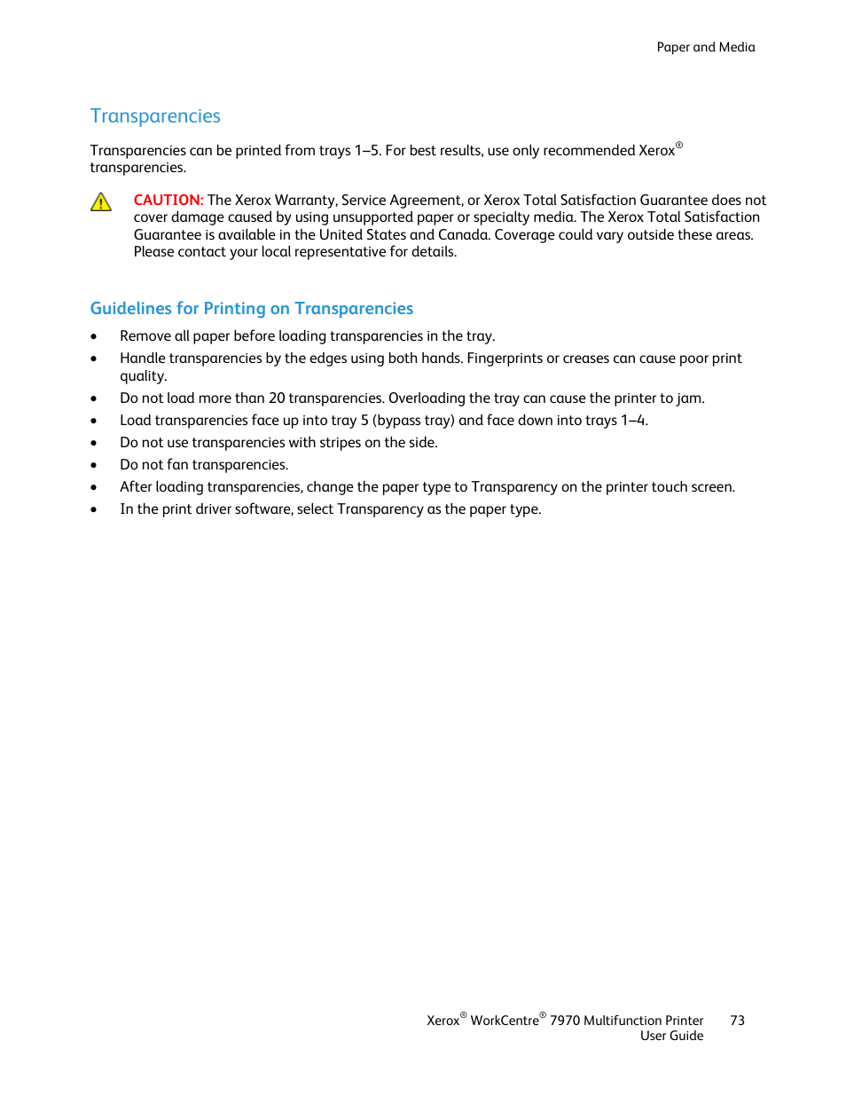 Transparencies, Guidelines for printing on transparencies | Xerox WorkCentre 7970-3795 User Manual | Page 73 / 316