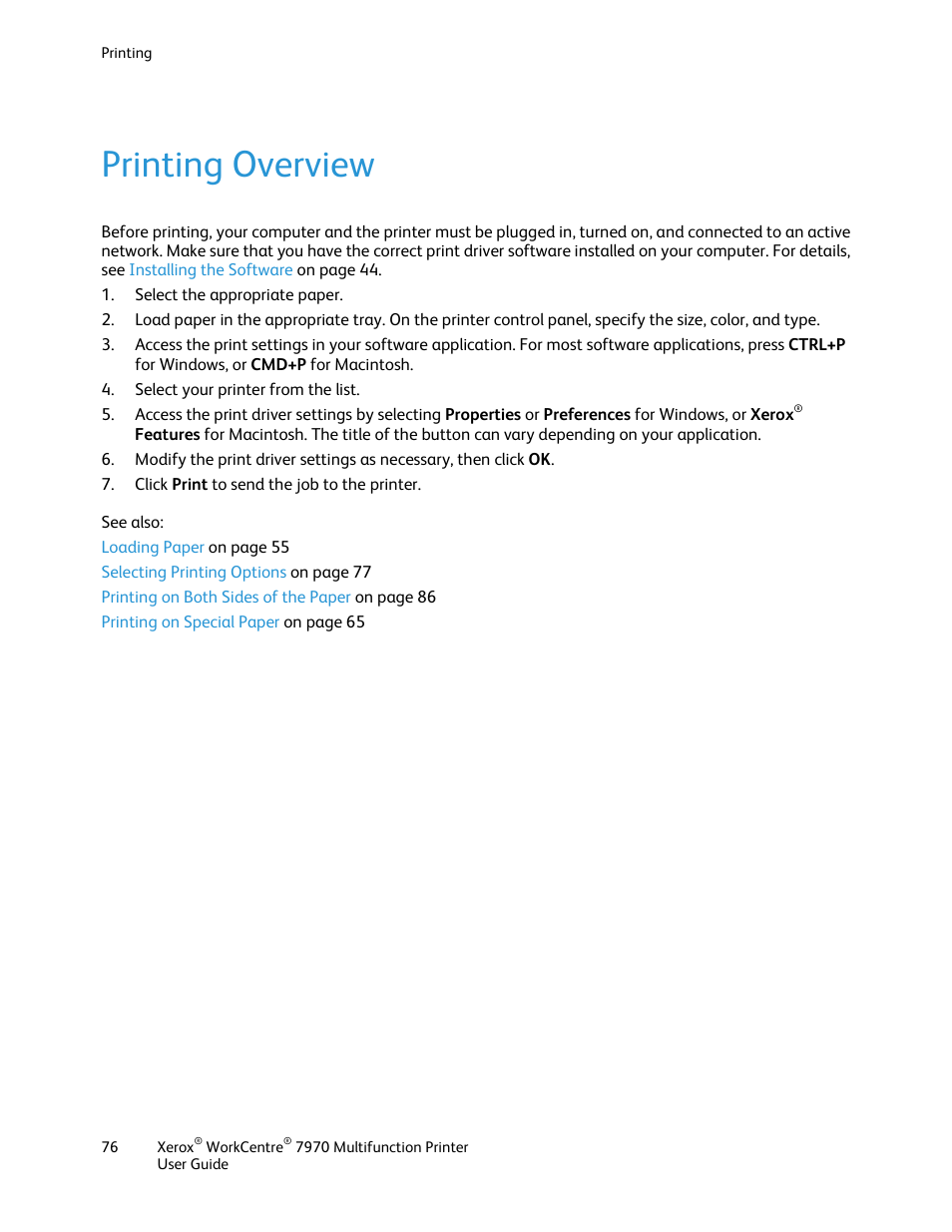 Printing overview | Xerox WorkCentre 7970-3795 User Manual | Page 76 / 316