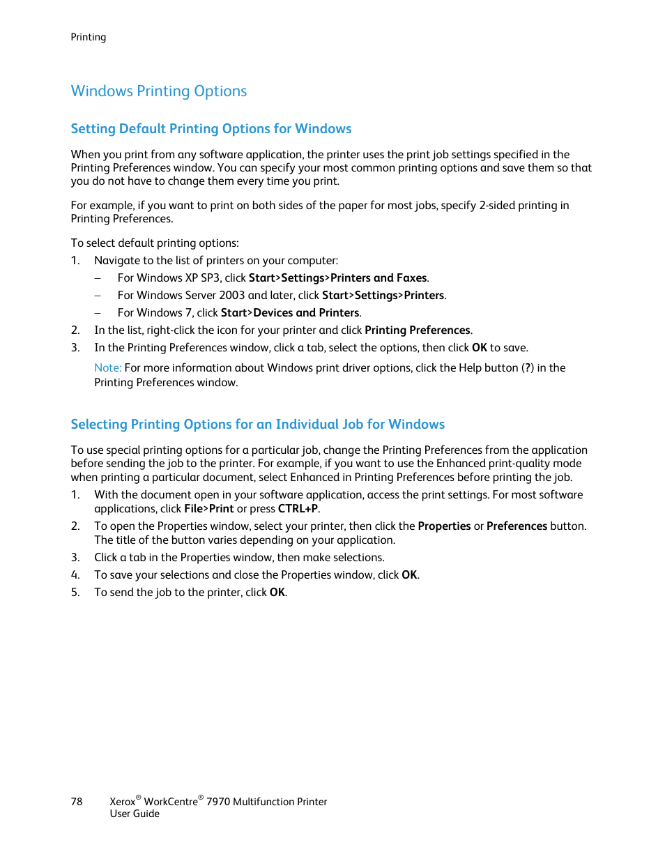 Windows printing options, Setting default printing options for windows | Xerox WorkCentre 7970-3795 User Manual | Page 78 / 316