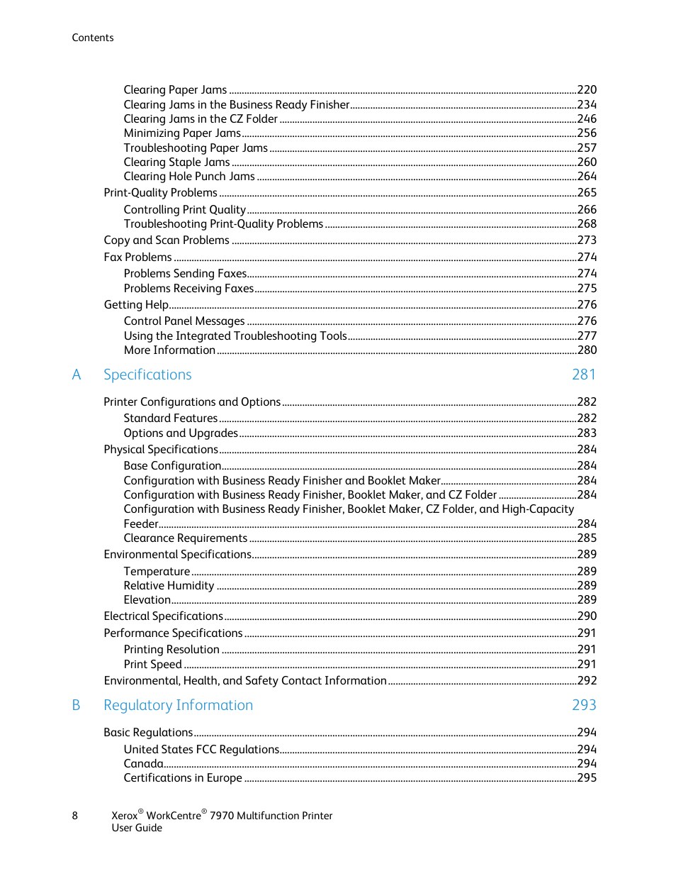 A specifications 281, B regulatory information 293 | Xerox WorkCentre 7970-3795 User Manual | Page 8 / 316