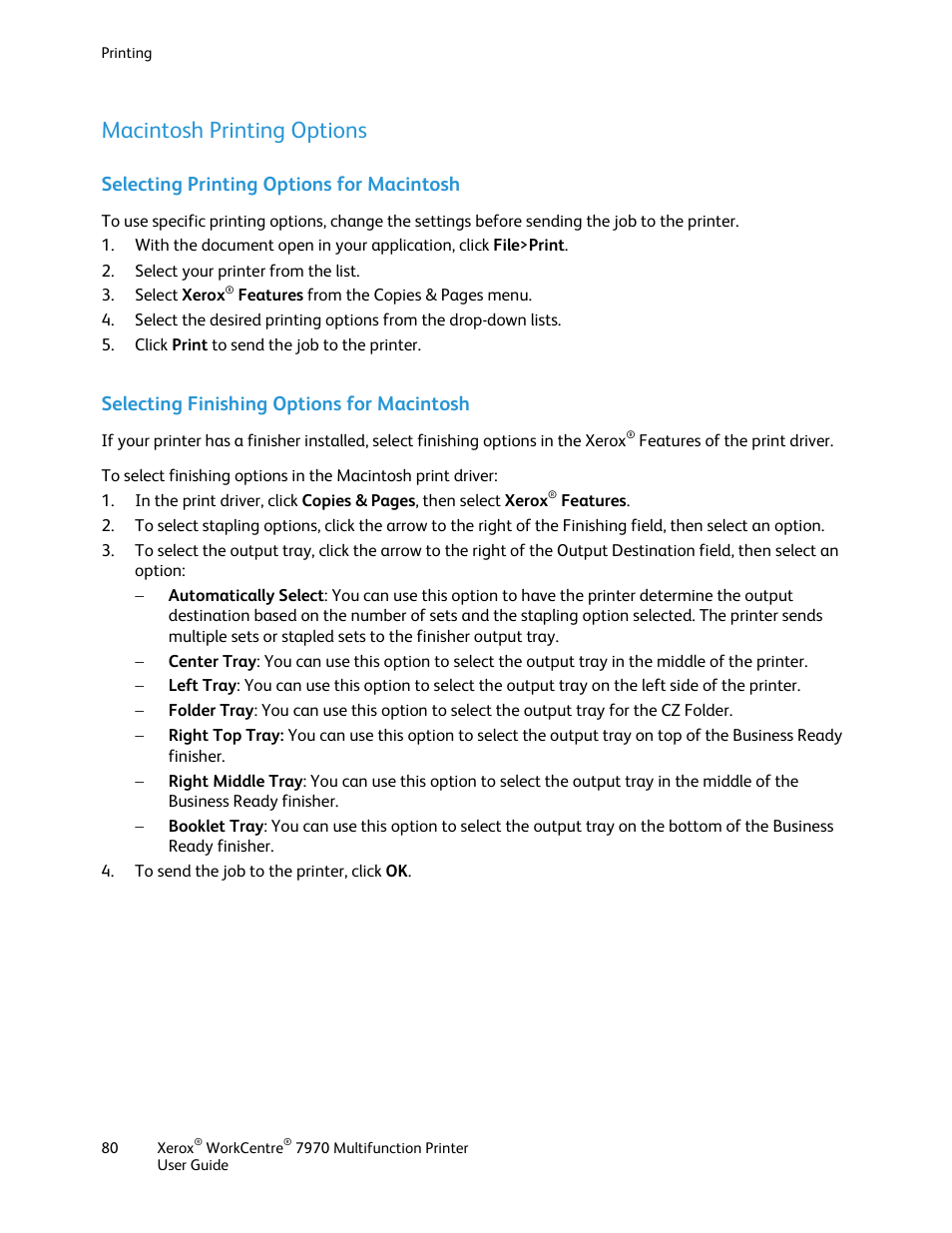 Macintosh printing options, Selecting printing options for macintosh, Selecting finishing options for macintosh | Xerox WorkCentre 7970-3795 User Manual | Page 80 / 316