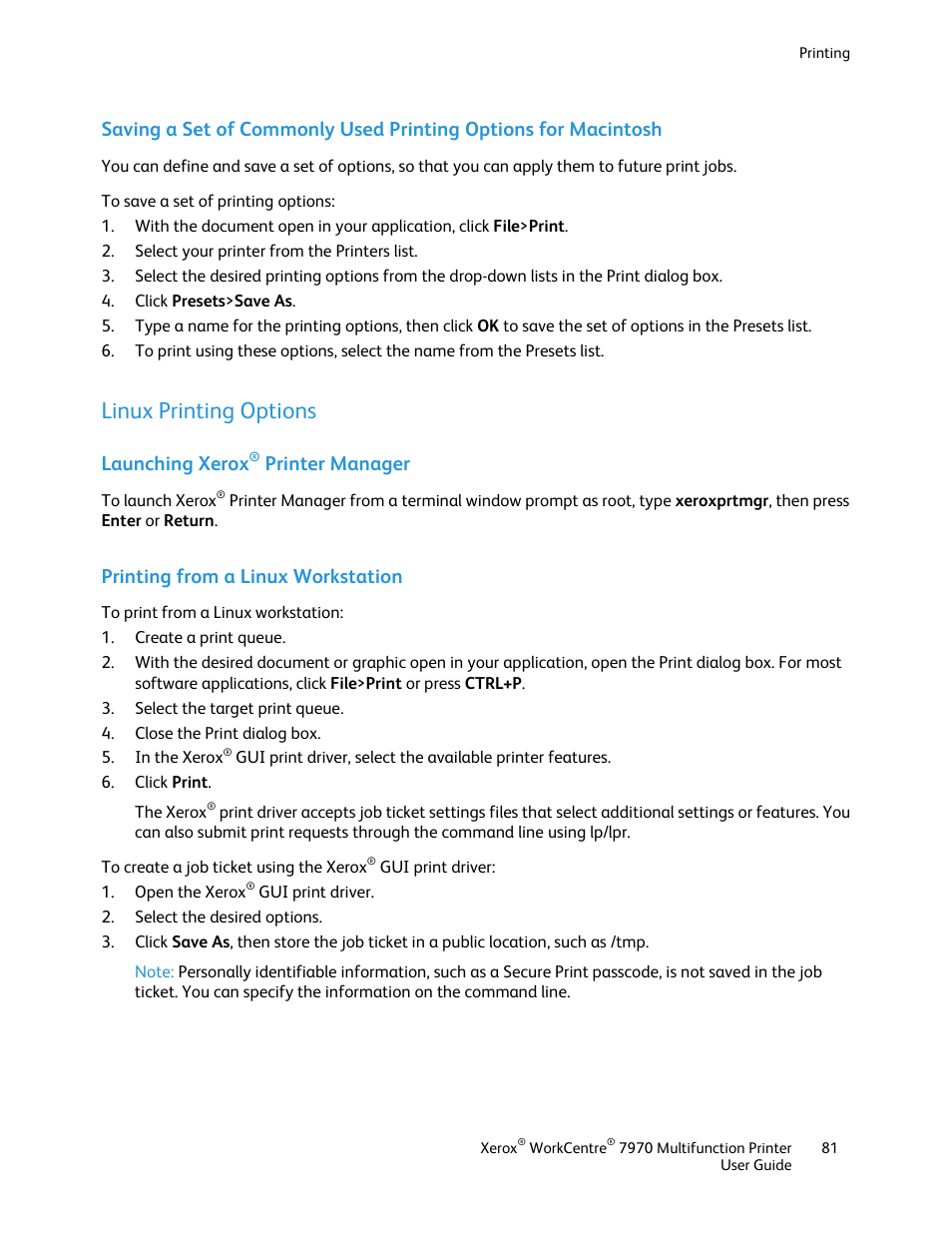 Linux printing options, Launching xerox® printer manager, Printing from a linux workstation | Launching xerox, Printer manager | Xerox WorkCentre 7970-3795 User Manual | Page 81 / 316