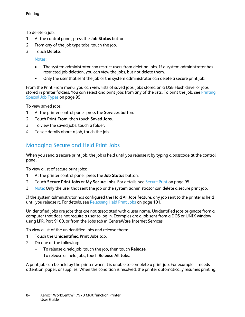 Managing secure and held print jobs | Xerox WorkCentre 7970-3795 User Manual | Page 84 / 316