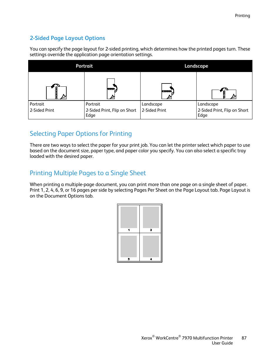 Selecting paper options for printing, Printing multiple pages to a single sheet, Sided page layout options | Xerox WorkCentre 7970-3795 User Manual | Page 87 / 316