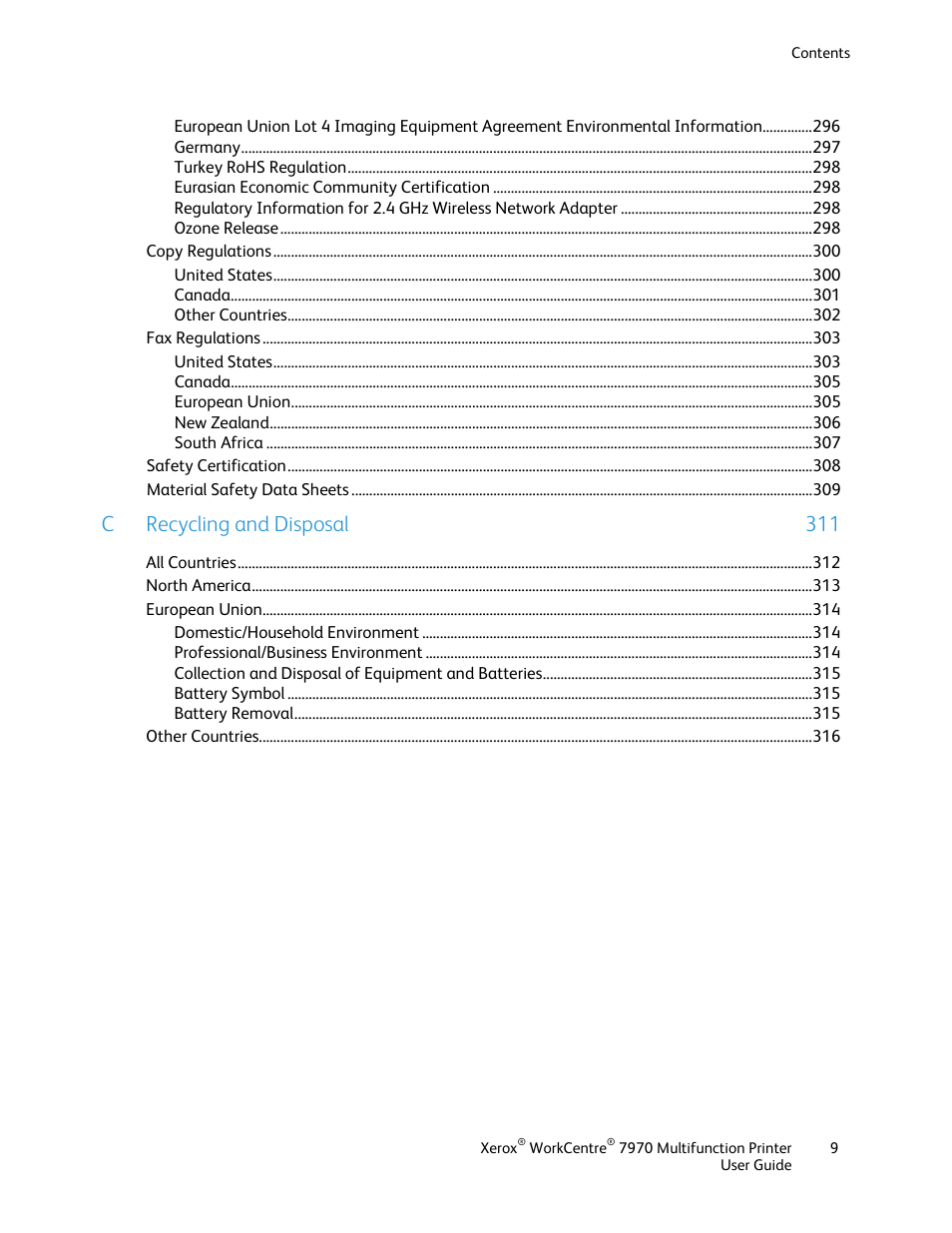 C recycling and disposal 311 | Xerox WorkCentre 7970-3795 User Manual | Page 9 / 316