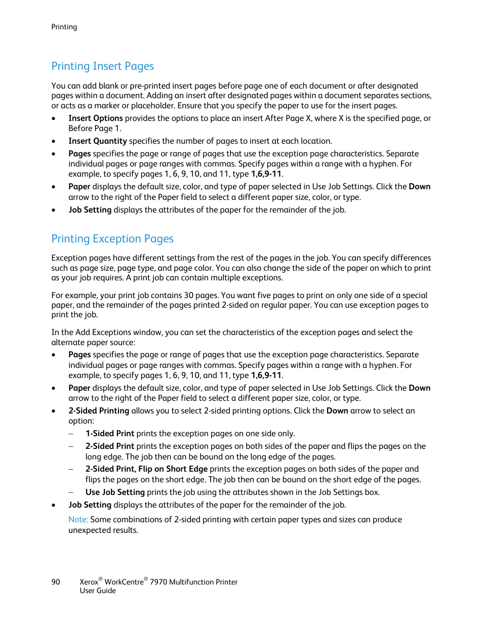 Printing insert pages, Printing exception pages | Xerox WorkCentre 7970-3795 User Manual | Page 90 / 316