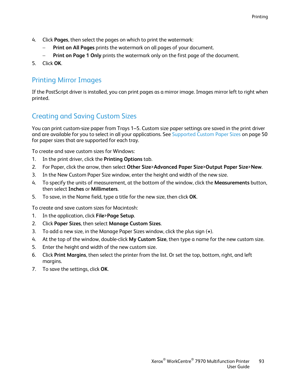 Printing mirror images, Creating and saving custom sizes | Xerox WorkCentre 7970-3795 User Manual | Page 93 / 316