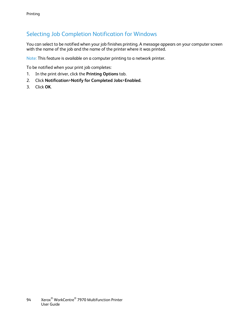 Selecting job completion notification for windows | Xerox WorkCentre 7970-3795 User Manual | Page 94 / 316