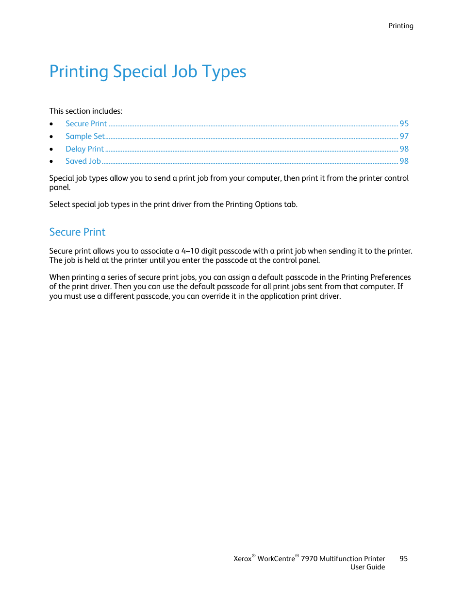 Printing special job types, Secure print | Xerox WorkCentre 7970-3795 User Manual | Page 95 / 316