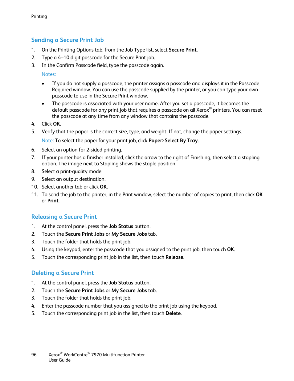 Sending a secure print job, Releasing a secure print, Deleting a secure print | Xerox WorkCentre 7970-3795 User Manual | Page 96 / 316