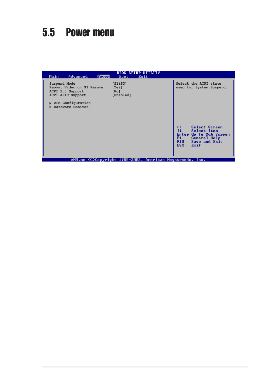 5 power menu, 1 suspend mode [s1&s3, 2 repost video on s3 resume [yes | 3 acpi 2.0 support [no, 4 acpi apic support [enabled | Asus Terminator 2 Barebone System T2-R User Manual | Page 105 / 120