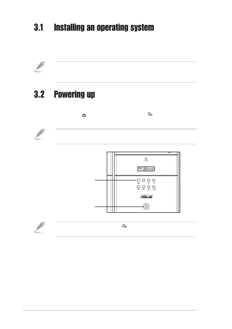 1 installing an operating system, 2 powering up | Asus Terminator 2 Barebone System T2-R User Manual | Page 44 / 120