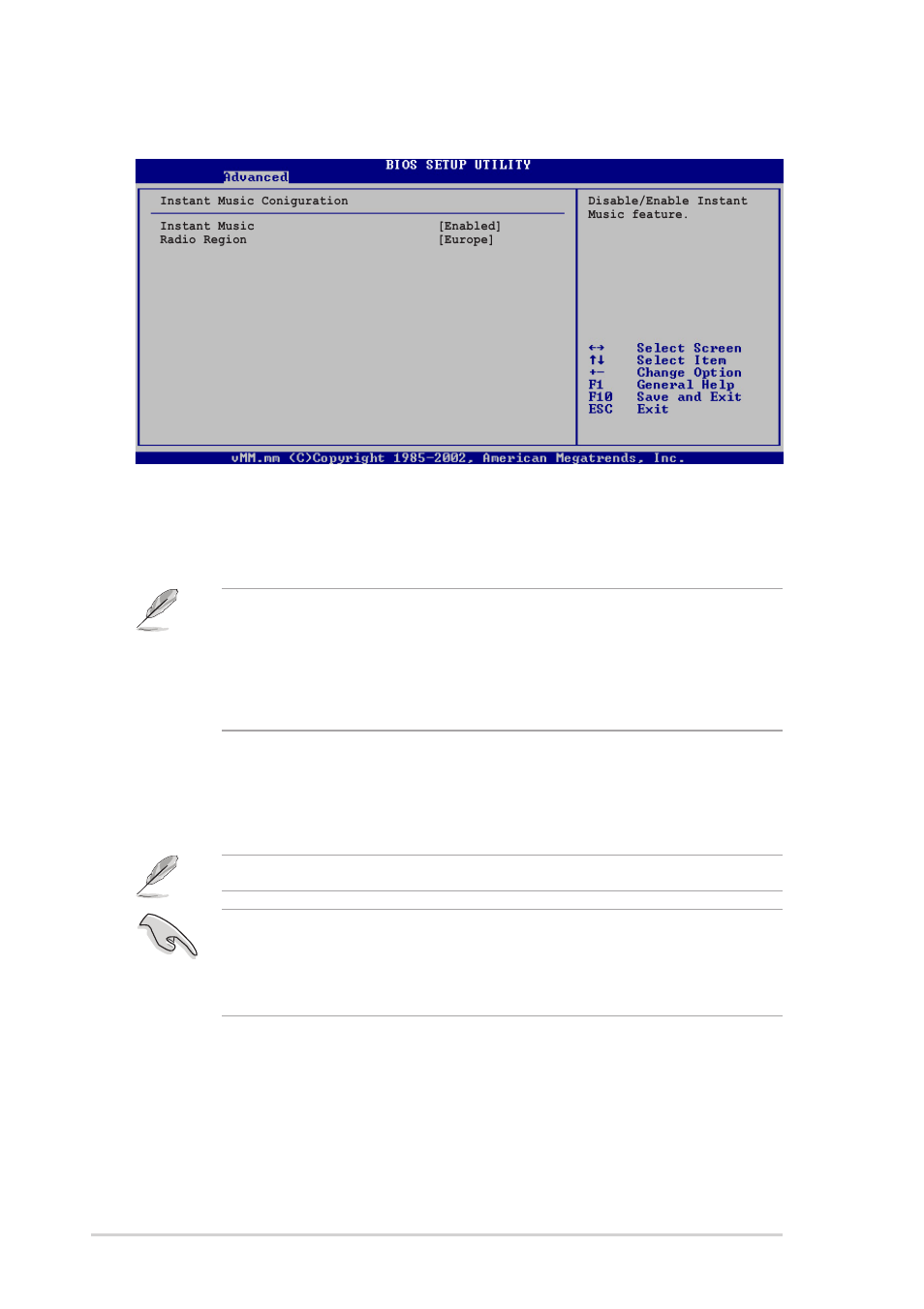 1 instant music configuration, Instant music [disabled, Radio region [europe | Asus Terminator 2 Barebone System T2-R User Manual | Page 98 / 120